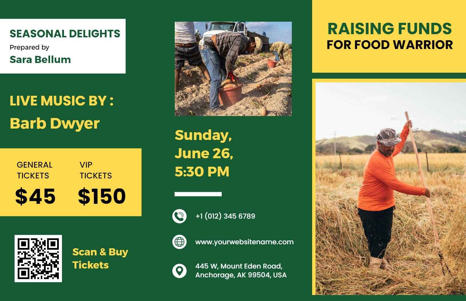 Green Fundraising Event for Food Warrior Live Music Brochure Template