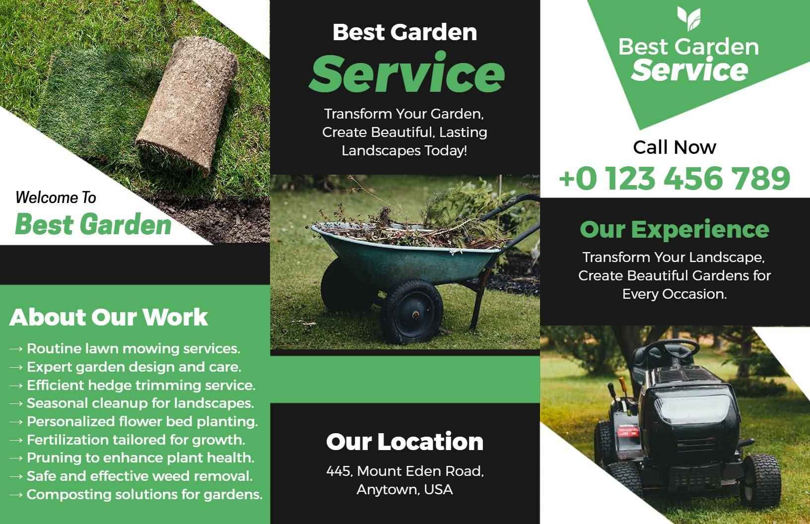 Green Lawn Care and Landscaping Services Brochure Template
