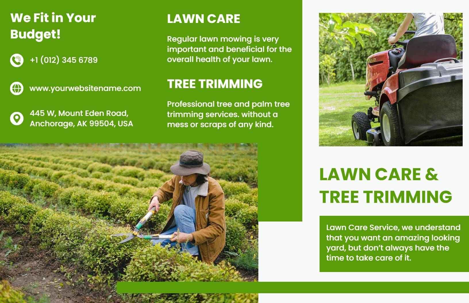 Green Lawn Care and Tree Trimming Services Brochure Template