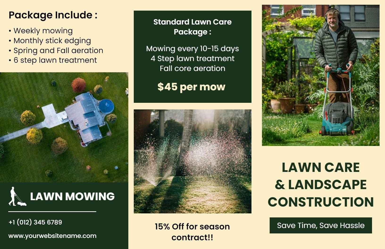 Green Lawn Care Service Weekly Mowing and Landscape Brochure Template