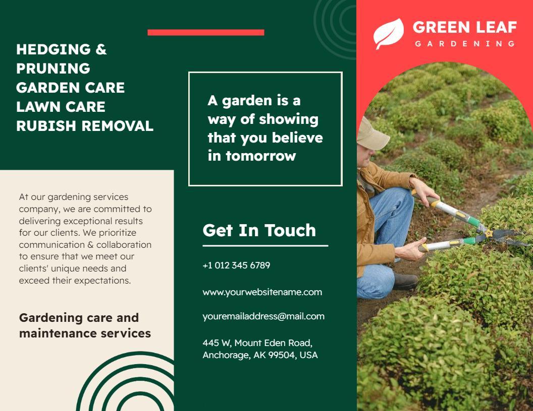 Green Leaf Gardening Services Care and Maintenance Brochure Template