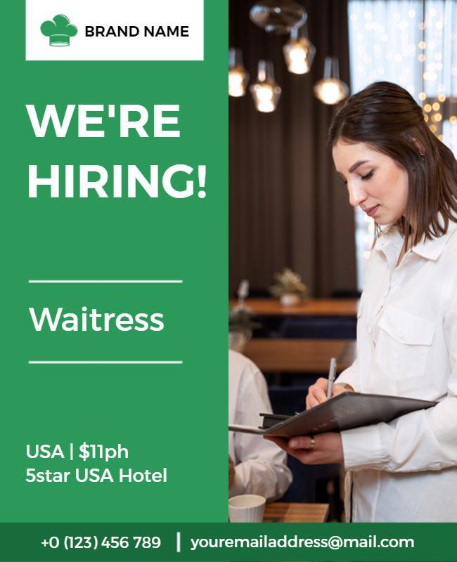 Green Minimalist Job Recruitment Waitress Poster Template