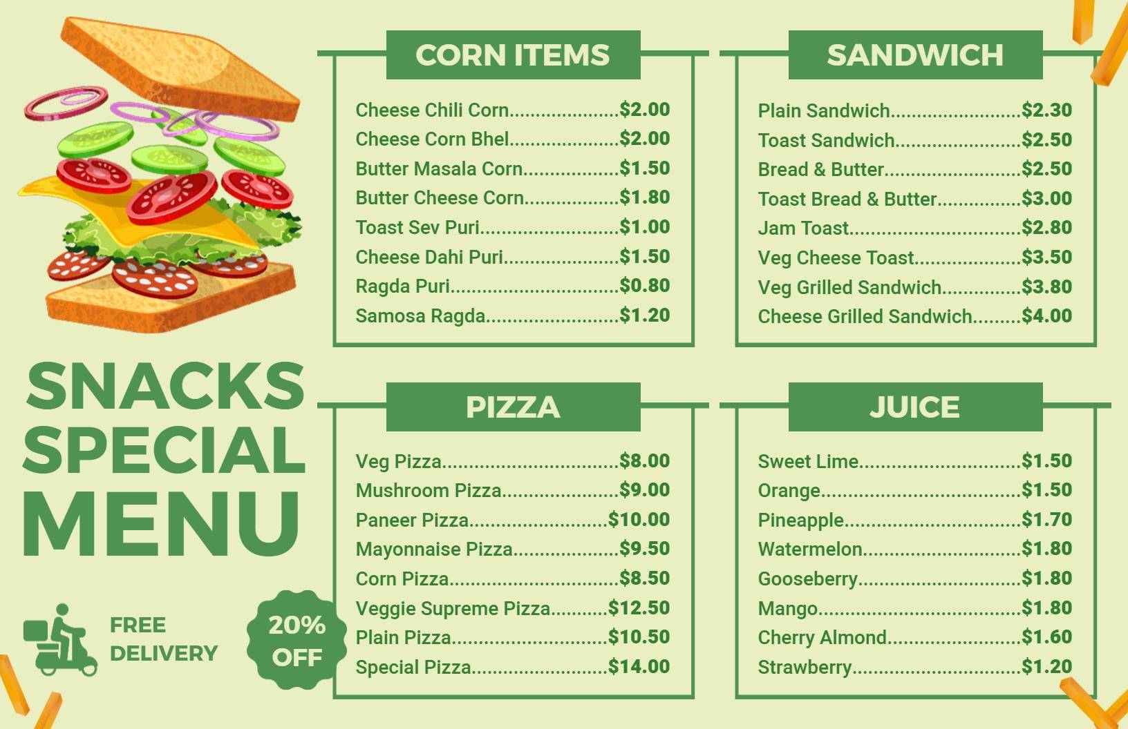 Green Minimalist Snacks and Beverages Specials Menu Template