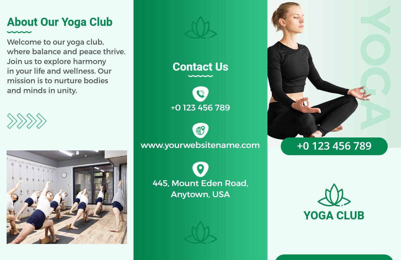 Green Minimalist Yoga Club Classes and Benefits Brochure Template