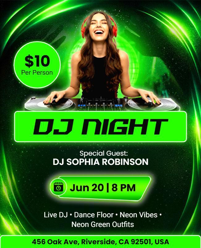 Green Neon Vibes DJ Night Party Flyer Template
