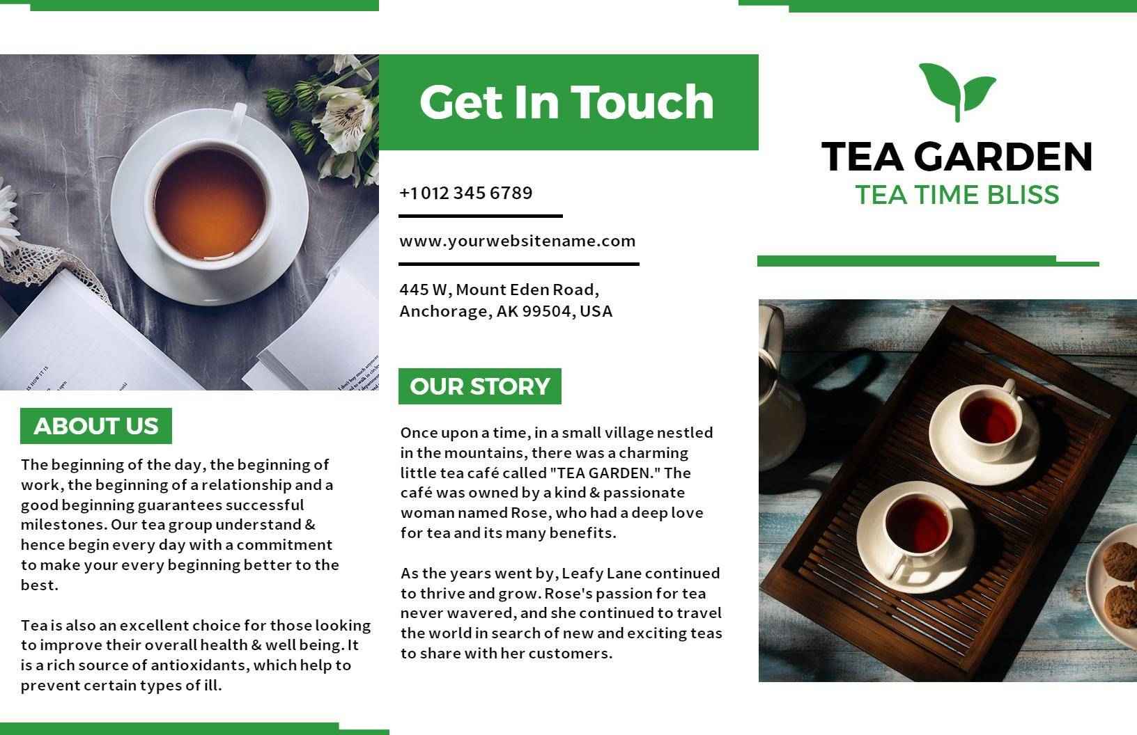 Green Organic Tea Garden Philosophy and Contact Tri Fold Brochure Template