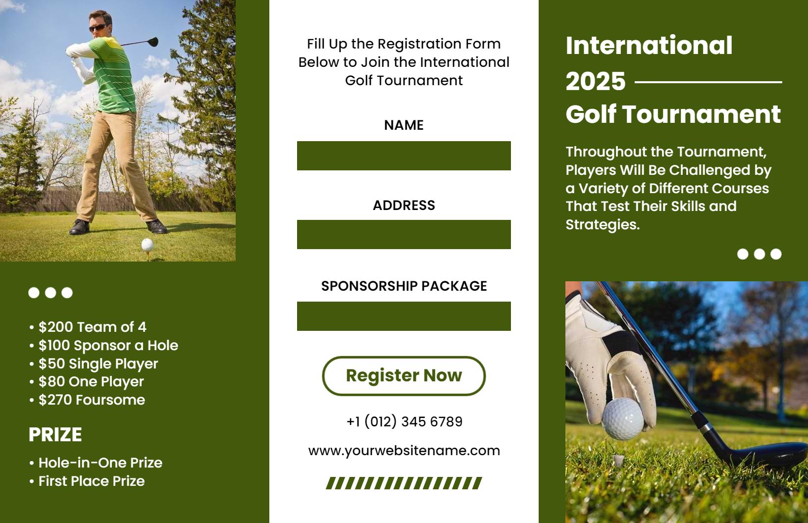 Green Outdoor Golf Tournament Registration Brochure Template