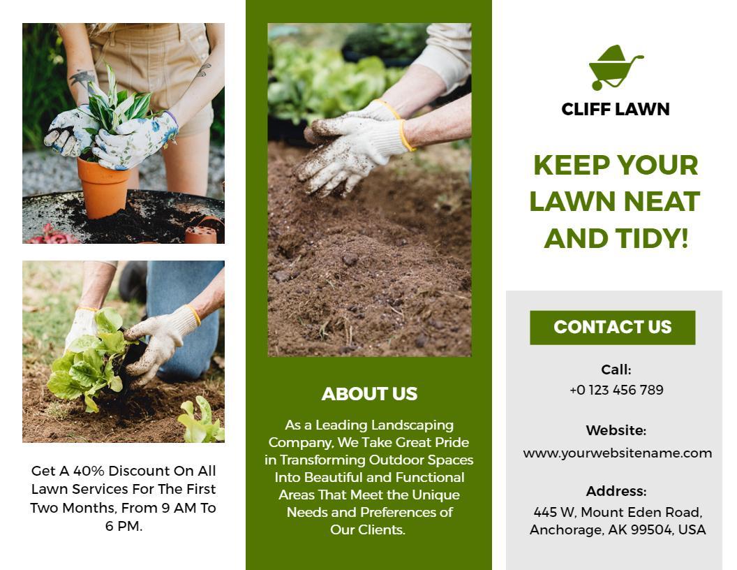 Green Outdoor Landscaping Services and Lawn Care Brochure Template