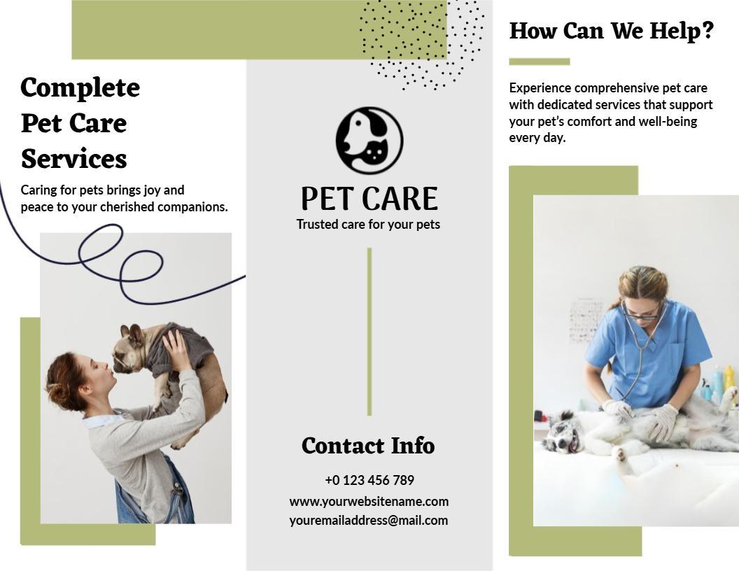Green Pet Care Services and Grooming Support Brochure Template