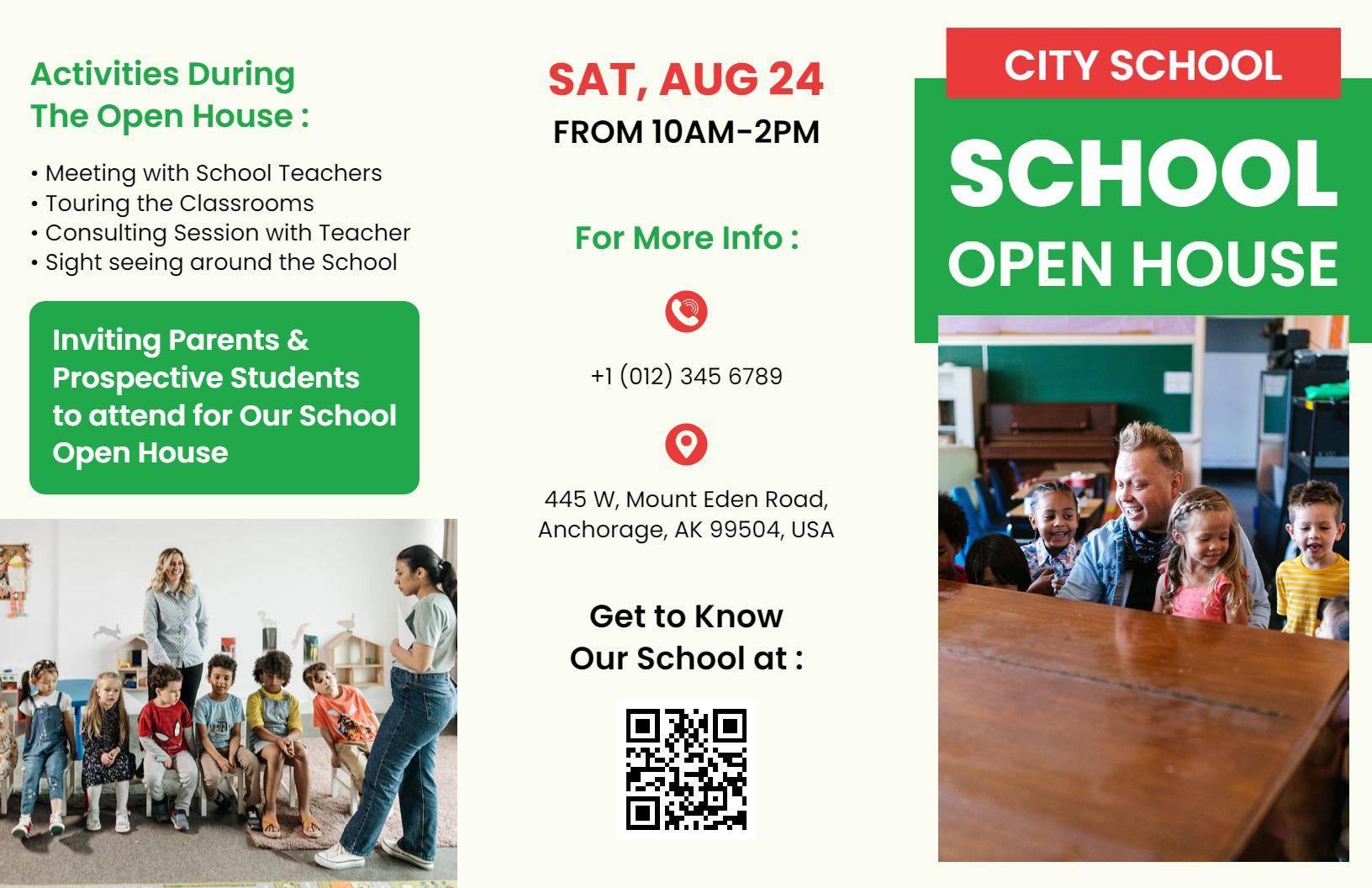 Green School Open House Invitation for Parents and Students Brochure Template