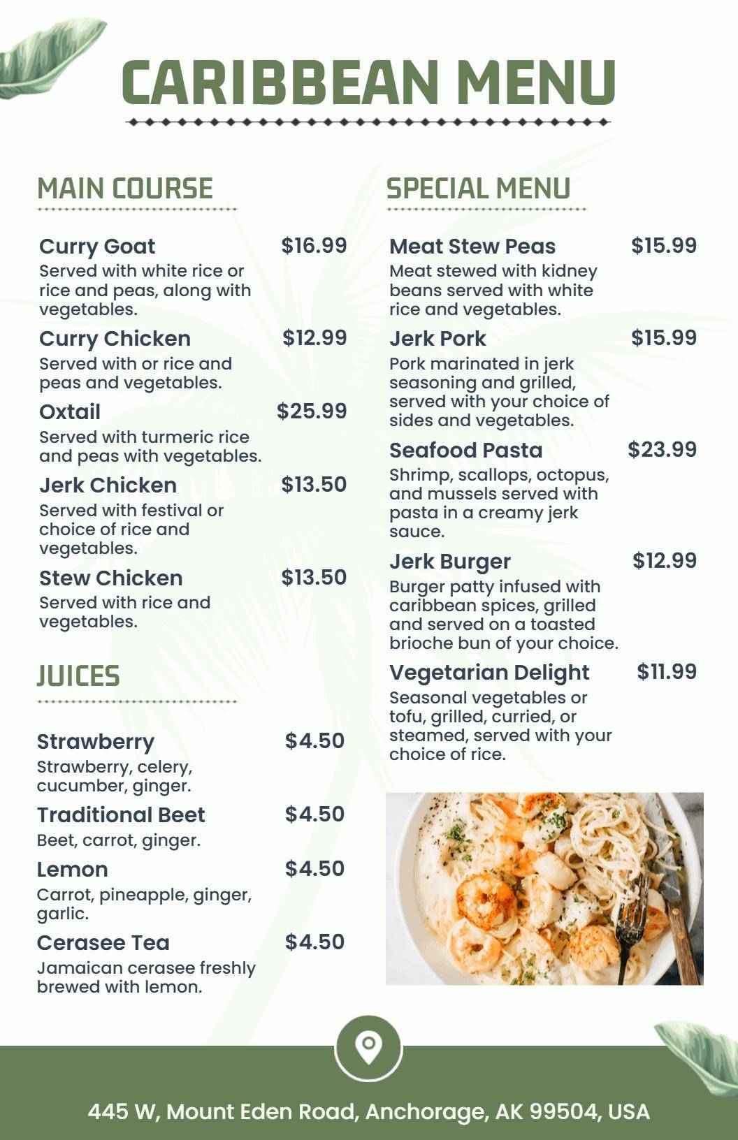 Green Themed Caribbean Main Course and Juices Menu Template