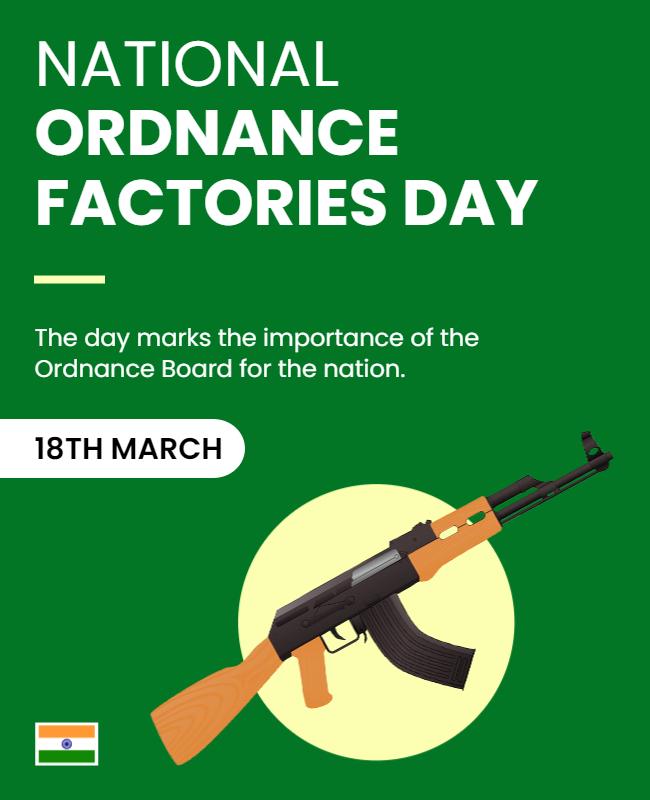 Green Themed National Ordnance Factories Day Celebration Poster Template