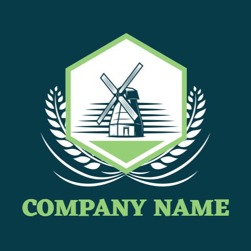Green Windmill Surrounded by Wheat Represents Rice Agriculture Logo Template