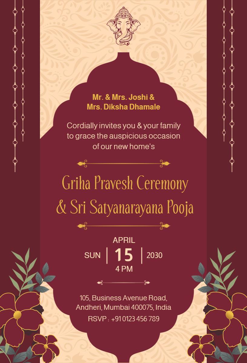 Griha Pravesh Ceremony Sri Satyanarayana Pooja Invitation Template