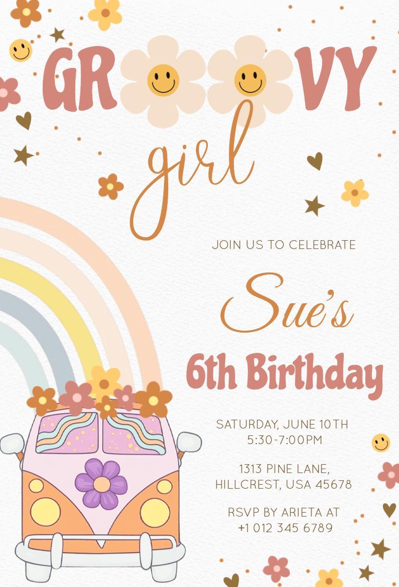 Groovy Floral Retro 6th Birthday Celebration Invitation Template