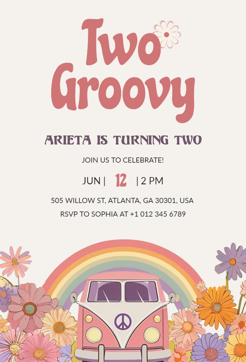 Groovy Flower Power 2nd Birthday Celebration Invitation Template