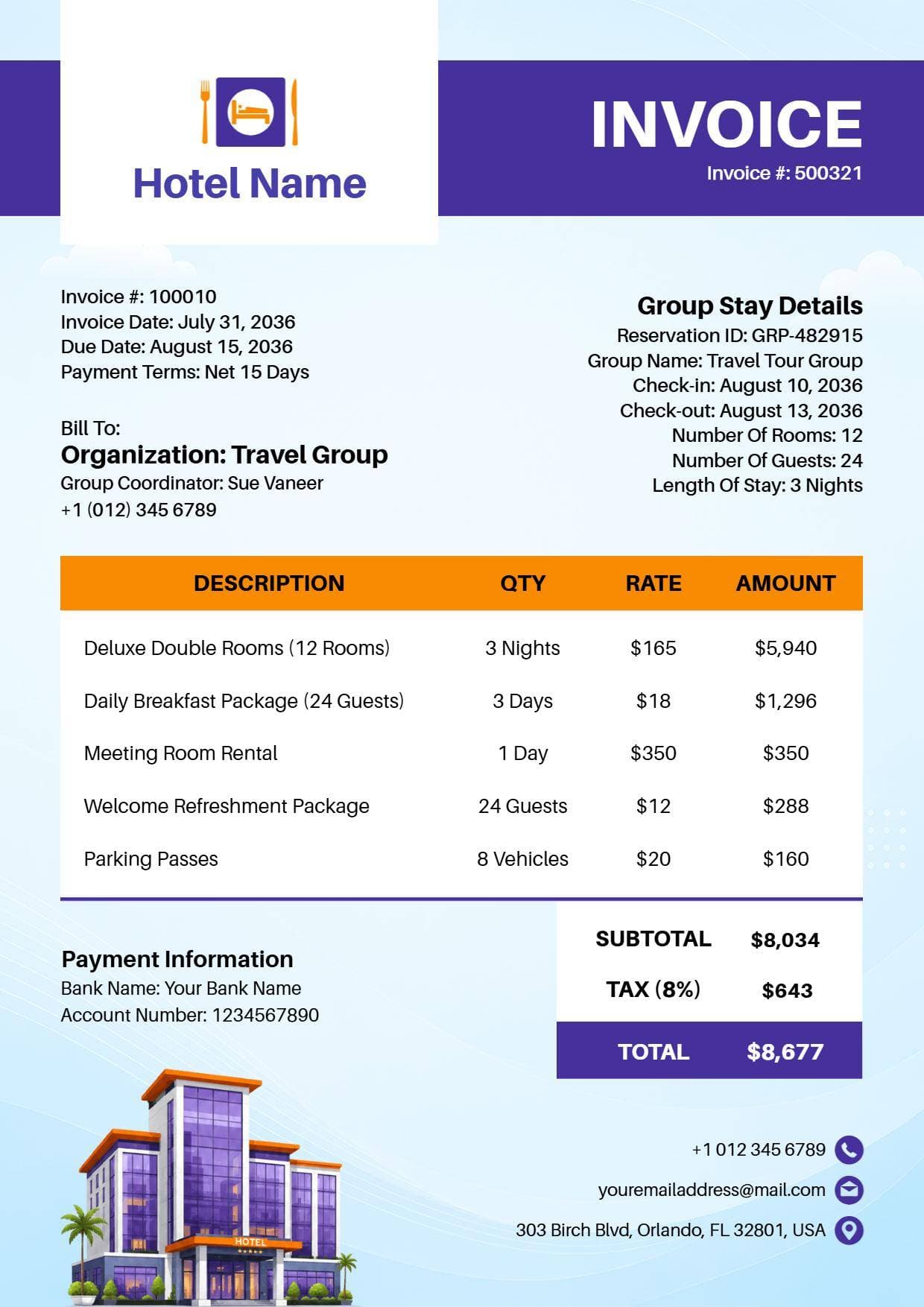 Group Hotel Stay Billing with Service Charges Invoice Template