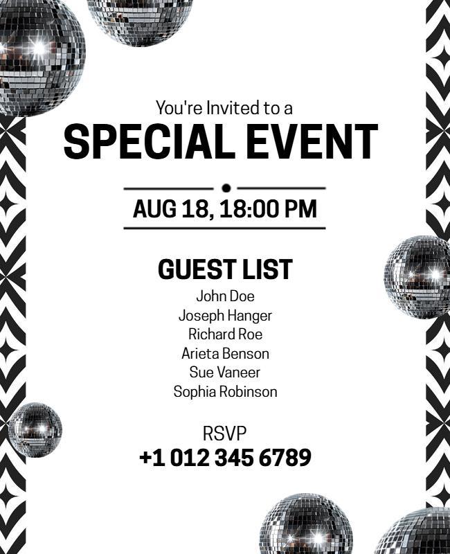 Chic Black and White Disco Ball Event Invitation Flyer Template