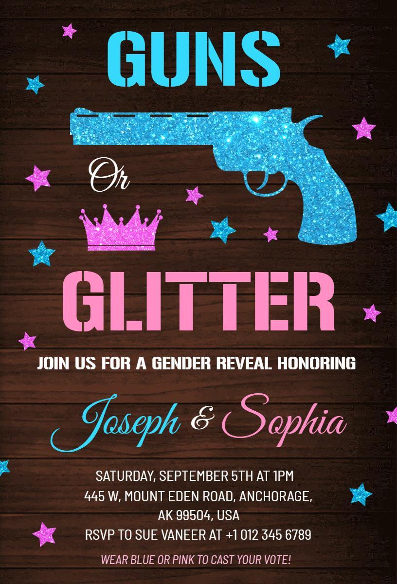 Guns or Glitter Fun Gender Reveal Celebration Invitation Template