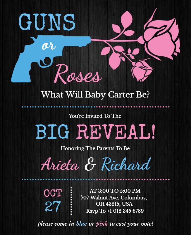 Guns or Roses Theme Gender Reveal Invitation Flyer Template