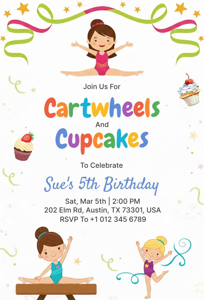 Gymnastics Fun Cartwheels Cupcakes Birthday Celebration Invitation Template