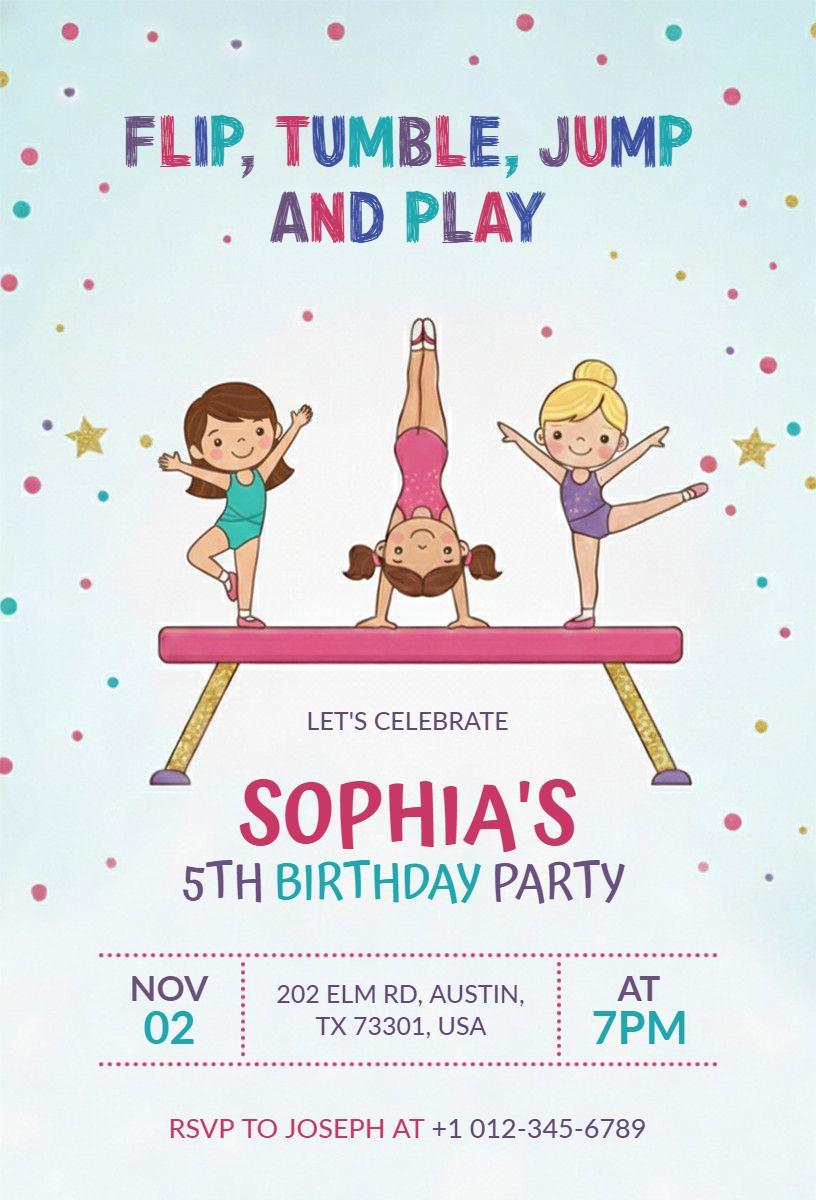 Gymnastics Fun Flip Tumble Jump Birthday Celebration Invitation Template