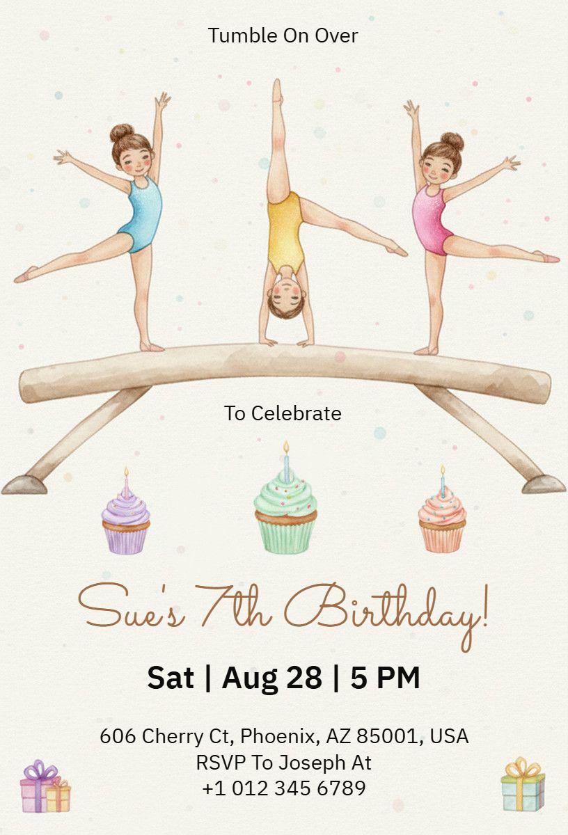 Gymnastics Theme Fun Birthday Celebration Invitation Template