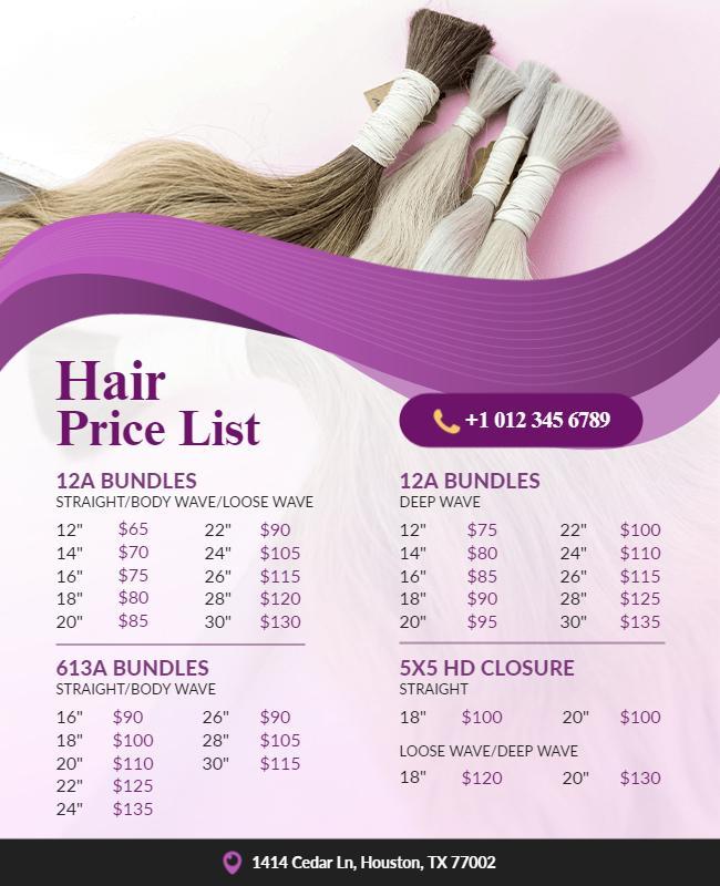 Elegant Purple Hair Price List Flyer Template