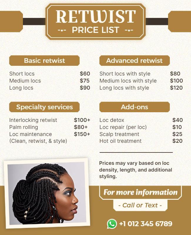 Hair Retwist and Maintenance Price List Flyer Template