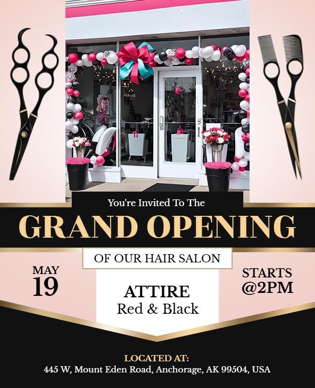 Chic Black and Red Grand Opening Hair Salon Flyer Template