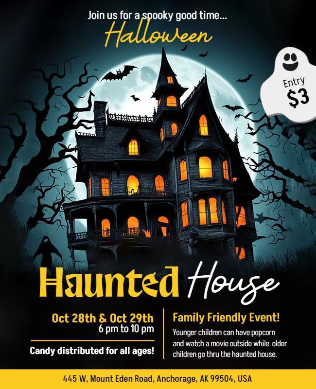 Eerie Midnight Haunted House Family Fun Flyer Template