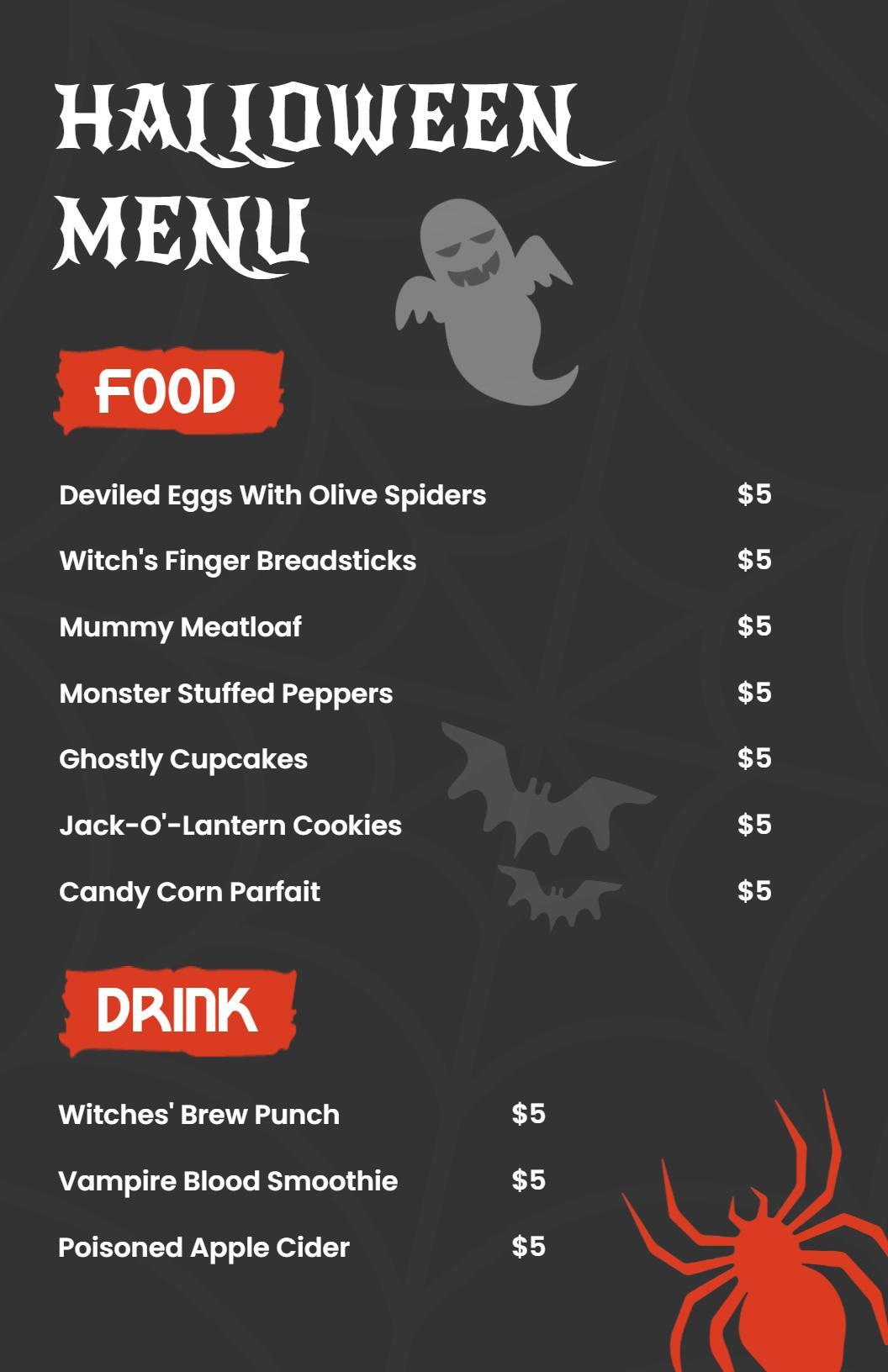 Halloween Horror Theme with Spiders and Bats Menu Template
