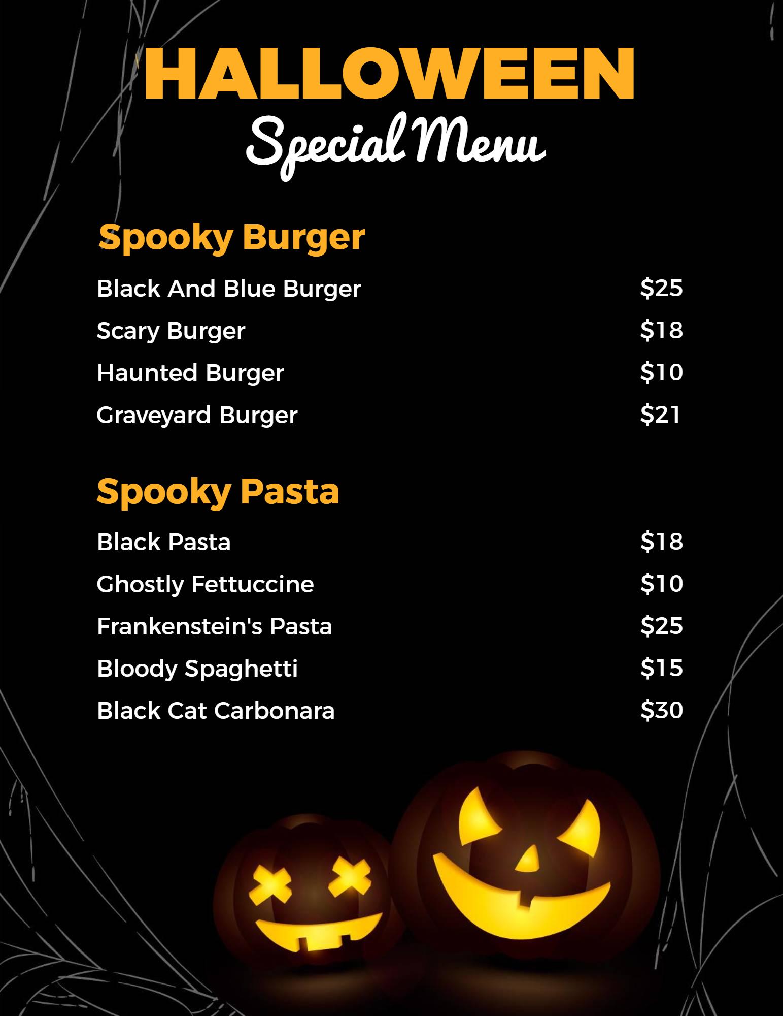 Halloween Specials Featuring Scary Burgers and Pasta Menu Template