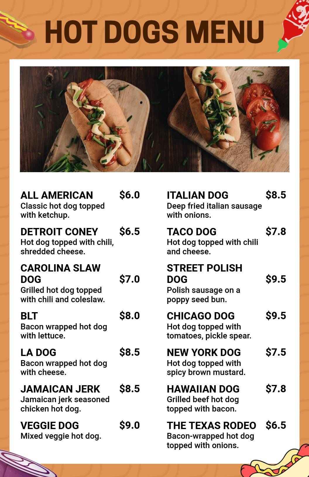 Hand-Drawn Artisanal Hot Dog Variety Menu Template