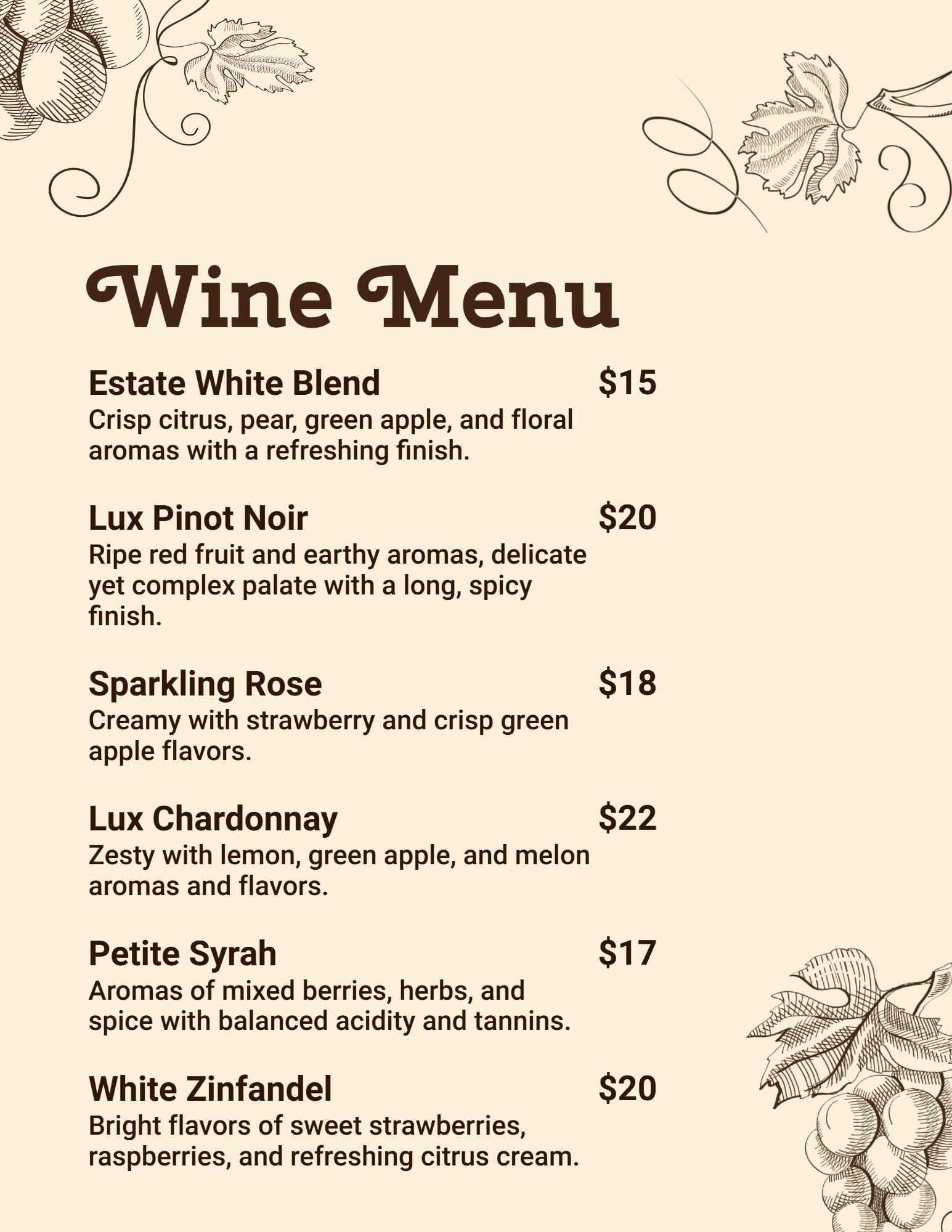 Hand-Drawn Elegant Wine List Menu Template