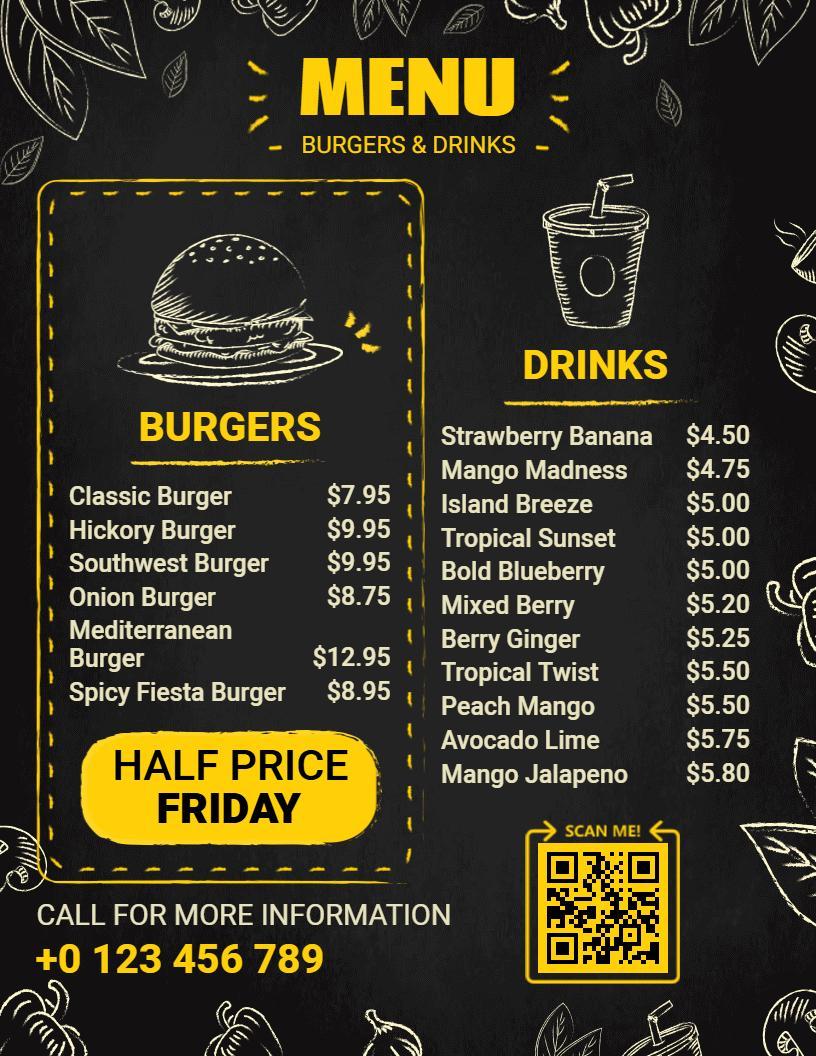 Hand-Drawn Leafy Blackboard Burger Menu Template