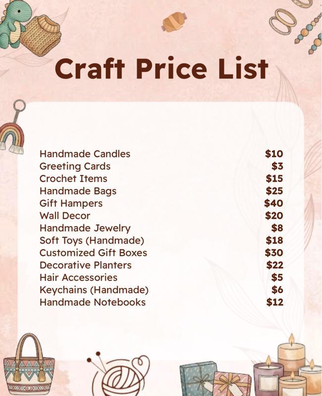 Handmade Craft Items Price List Menu Poster Template