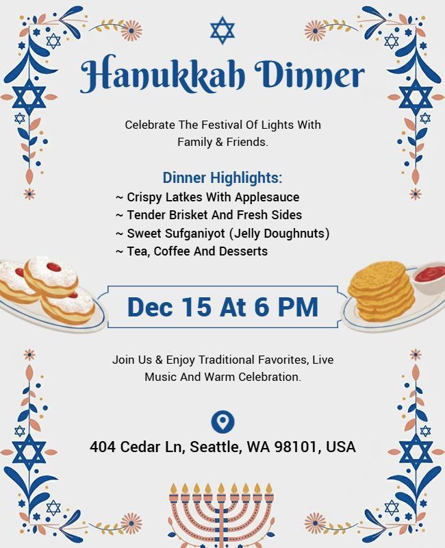 Hanukkah Dinner Celebration Invitation Flyer Template