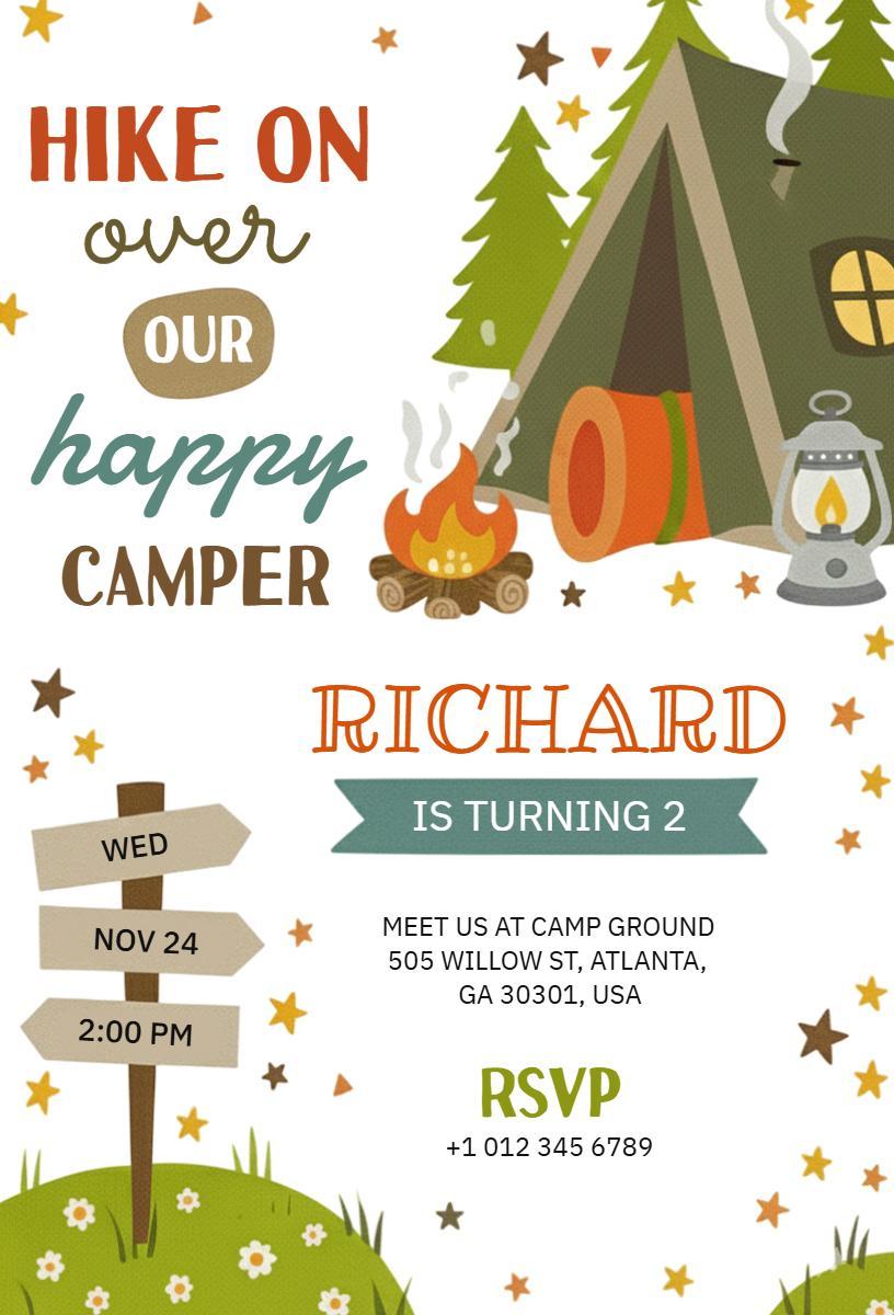 Happy Camper Outdoor Adventure Birthday Invitation Template