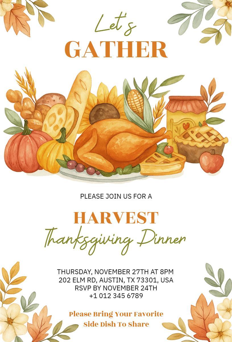 Harvest Thanksgiving Dinner Family Gathering Invitation Template