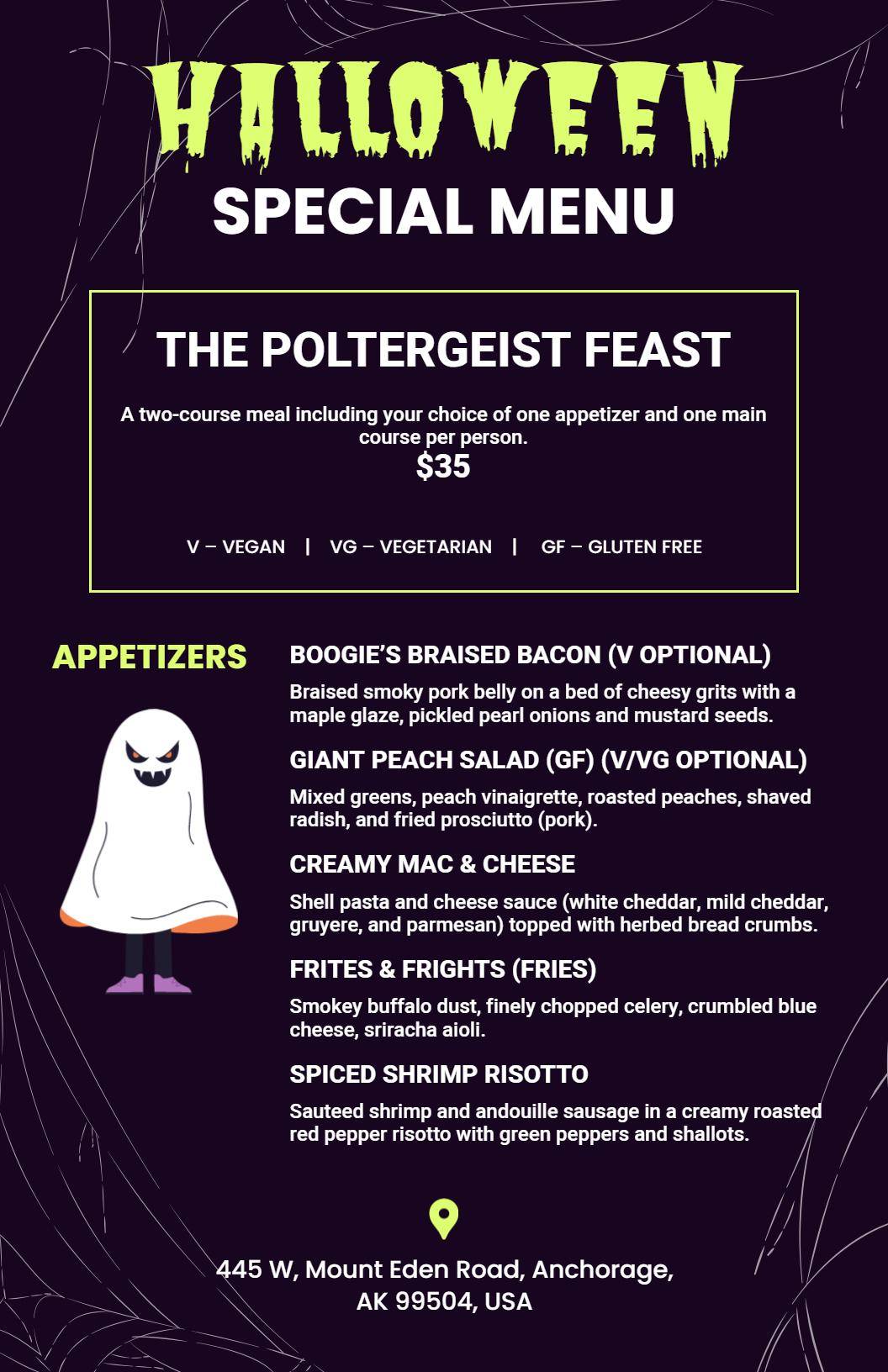 Haunted Halloween Purple Appetizer and Dinner Menu Template