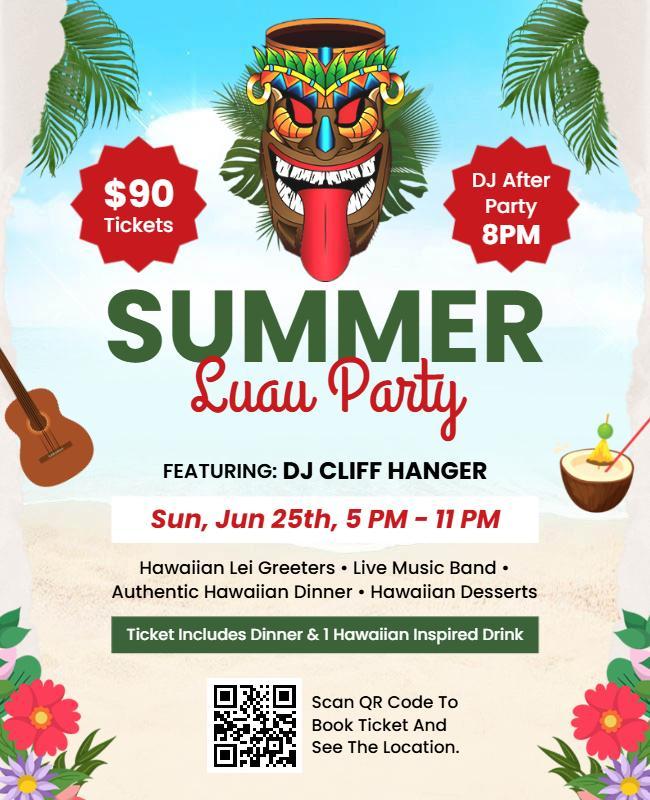 Hawaiian Themed Summer Luau Party Celebration Flyer Template