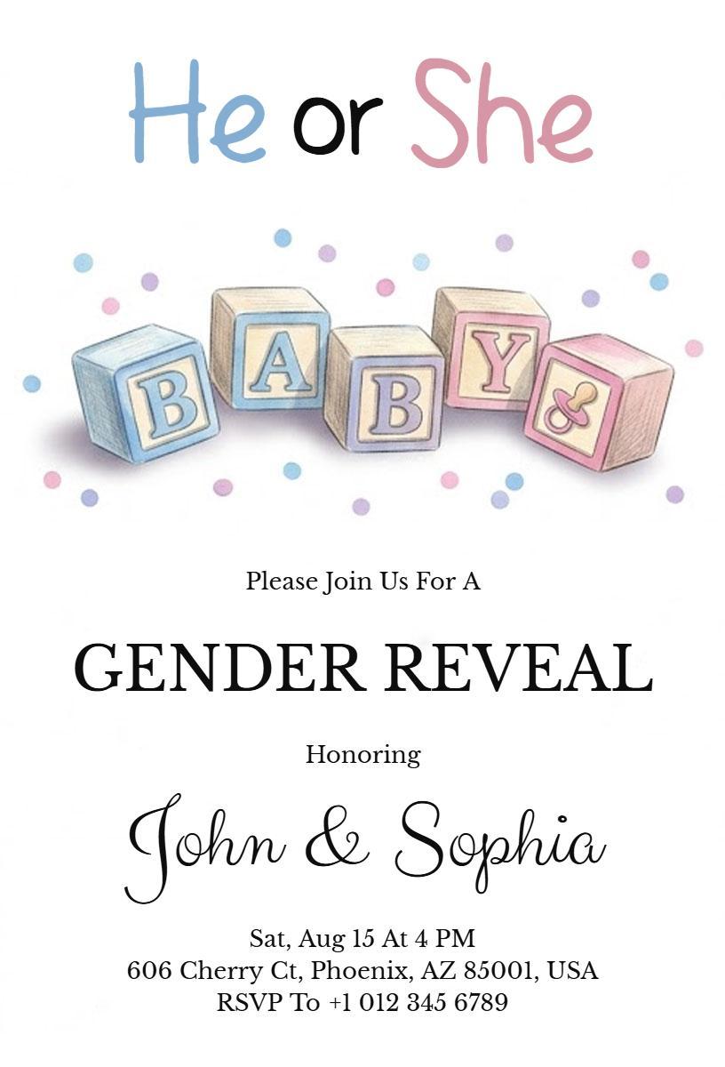 He or She Colorful Baby Gender Reveal Invitation Template