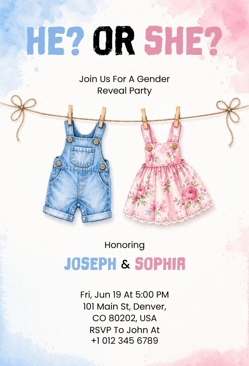 He or She Colorful Gender Reveal Celebration Invitation Template