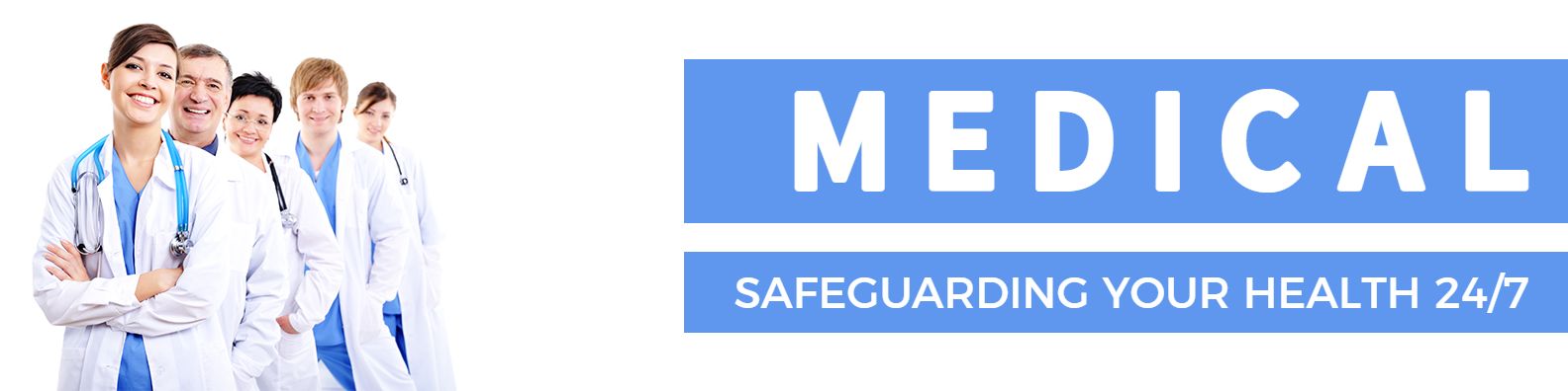 Healthcare Professionals in White Coats on Blue Medical Banner Template