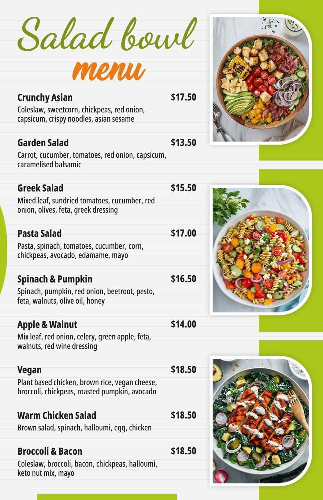 Healthy Ingredient Focused Green Salad Menu Template