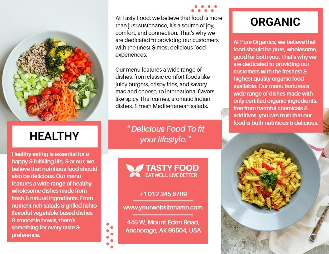 Healthy Organic Meal Options and Tasty Food Tri Fold Brochure Template