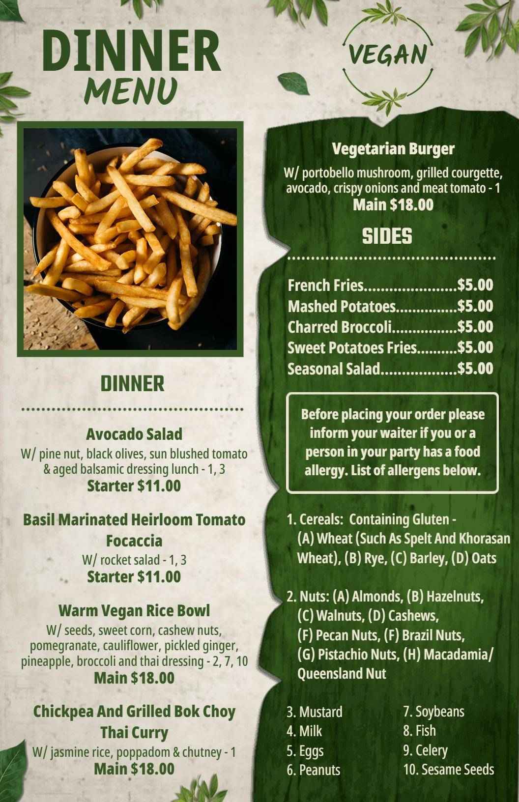 Healthy Vegan Dinner Selections with Flavorful Options Menu Template
