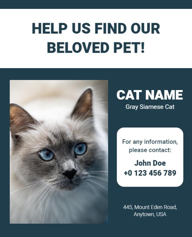Heartfelt Gray Siamese Cat Missing Pet Poster Template