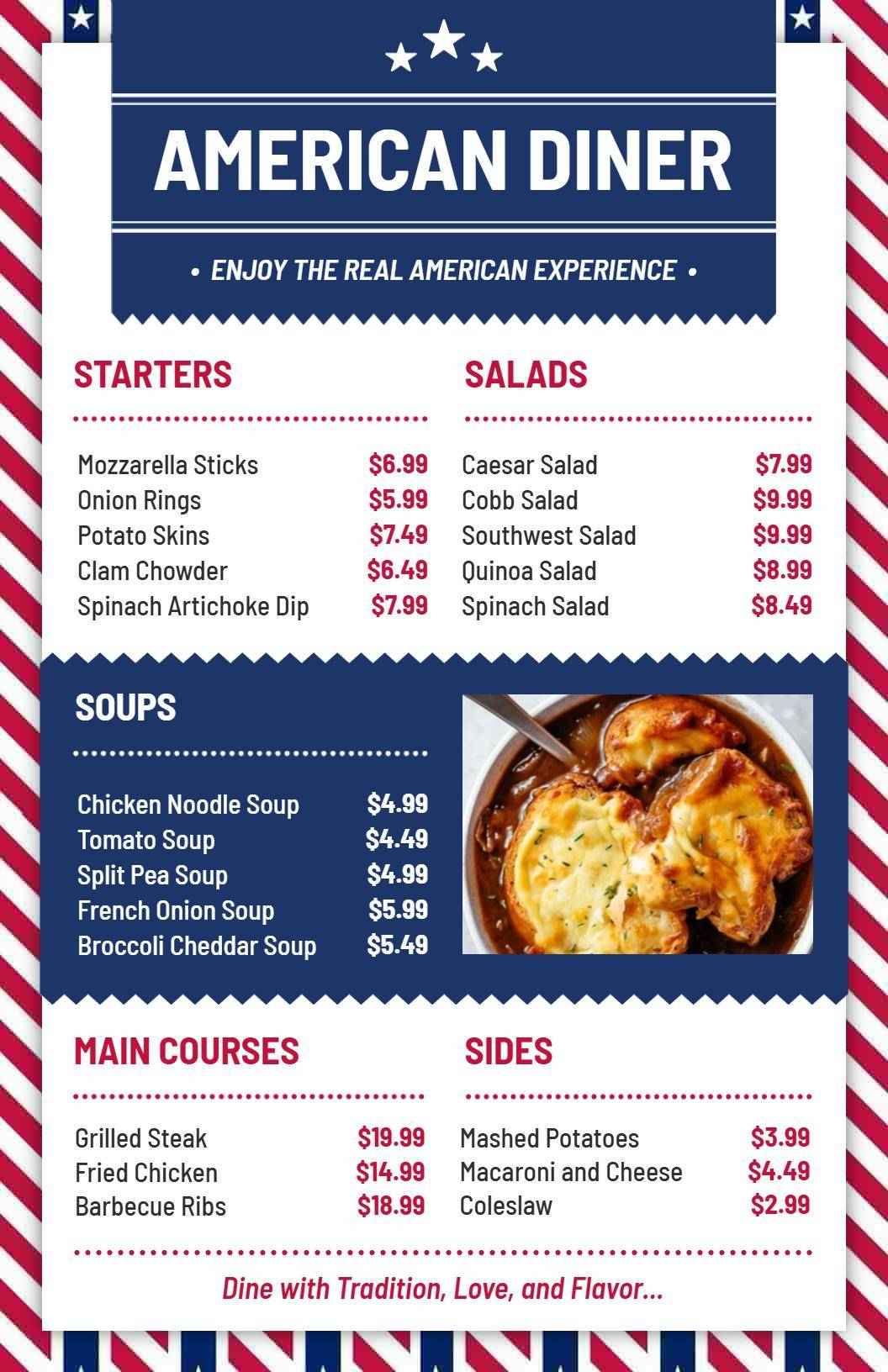 Hearty American Diner Favorites and Comfort Foods Dinner Menu Template
